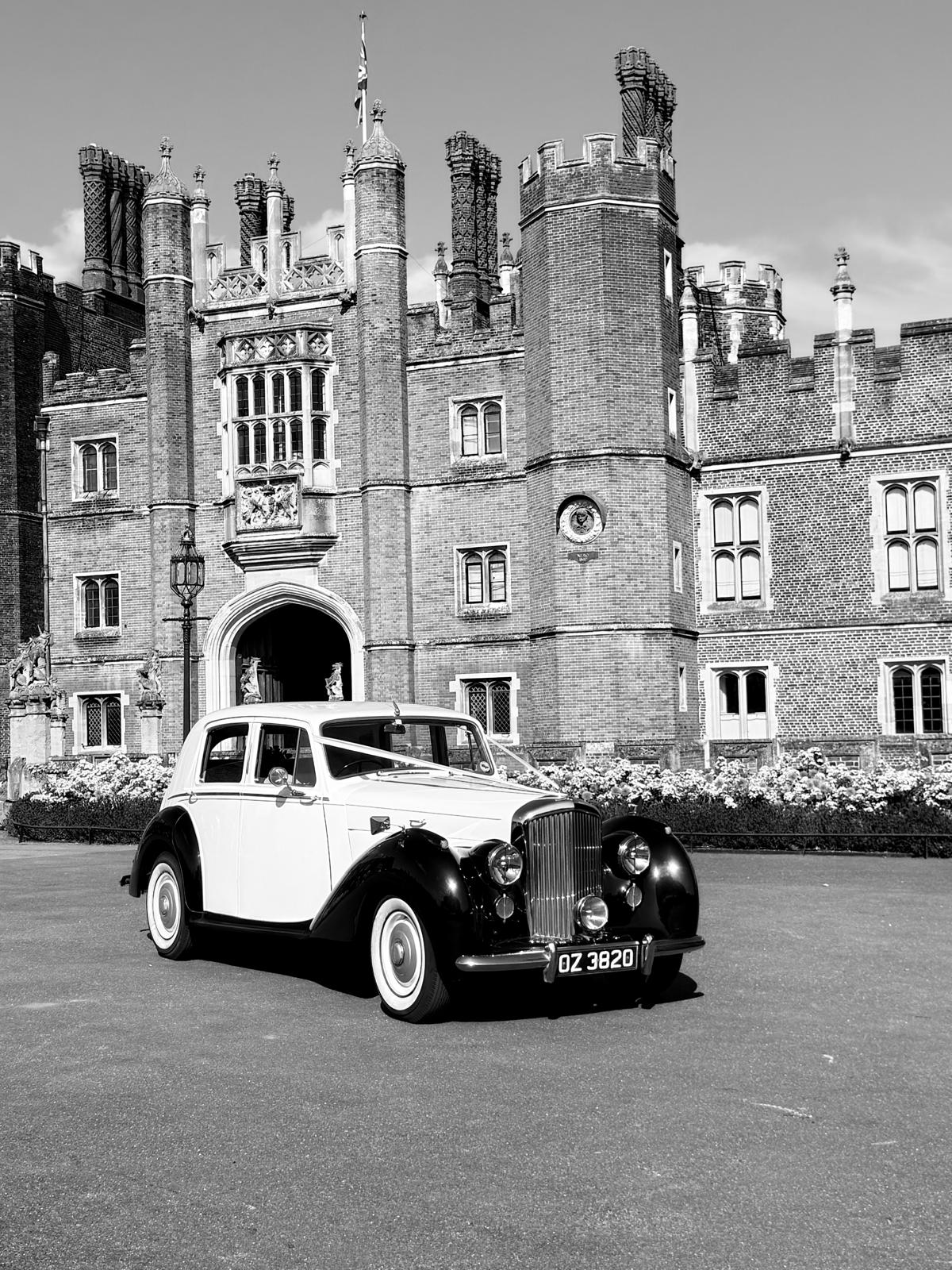 Vintage Bentley wedding car interior cream leather and walnut wood