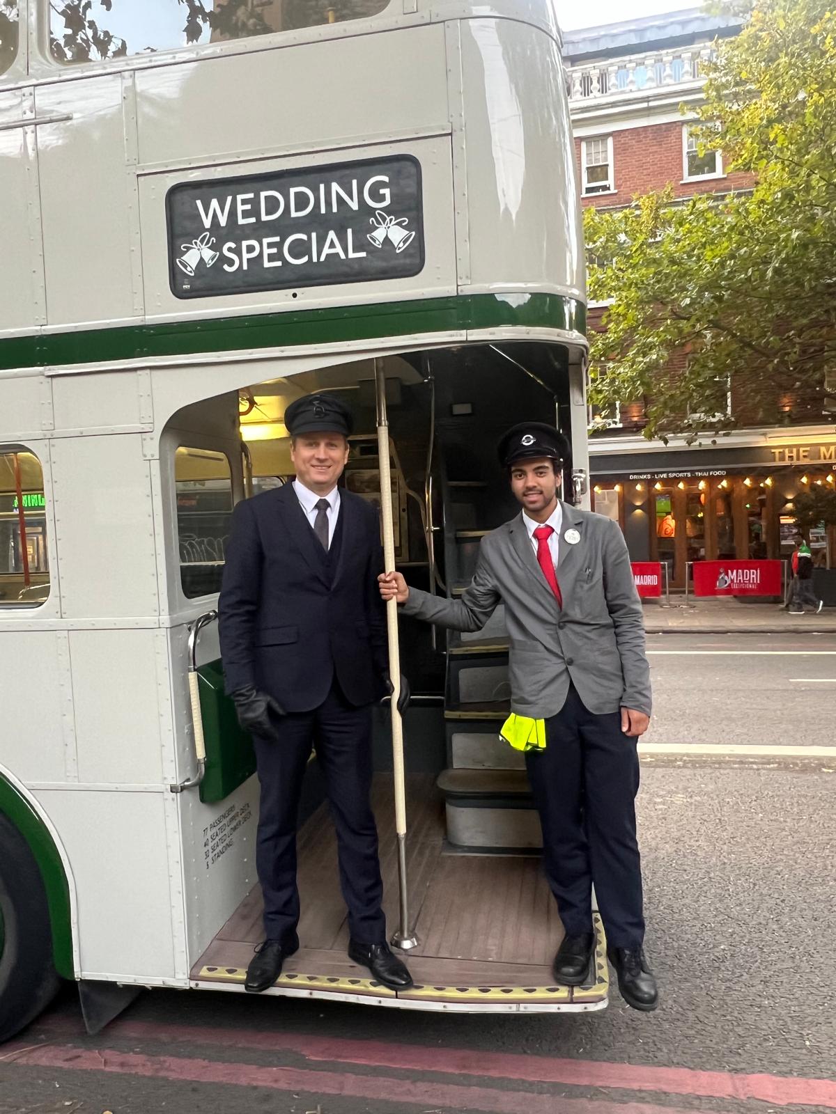 Red London double decker wedding bus
