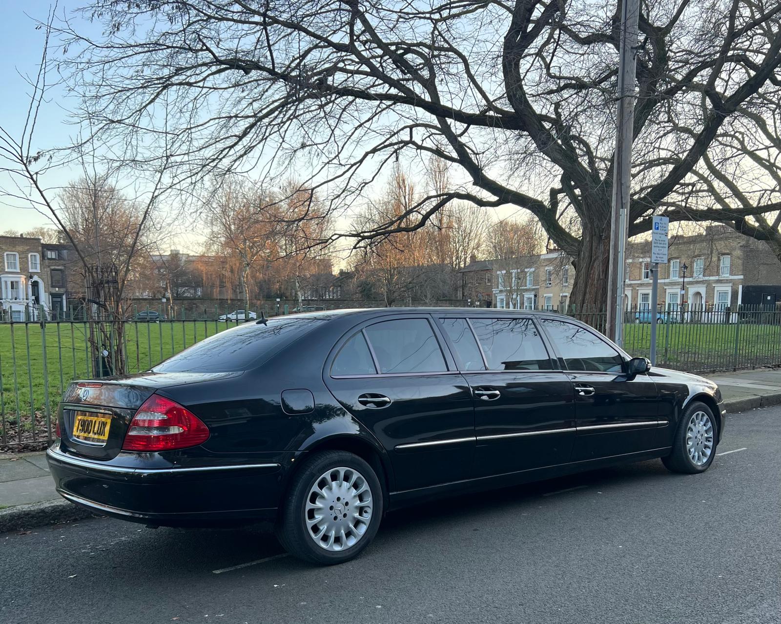 luxury Mercedes E-Class limousine interior spacious seating 7 passengers