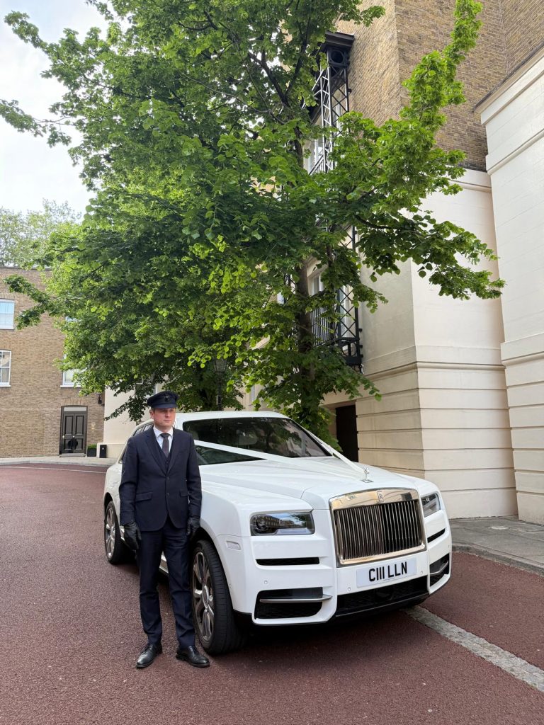 Modern Rolls-Royce wedding car hire in London with bride and groom