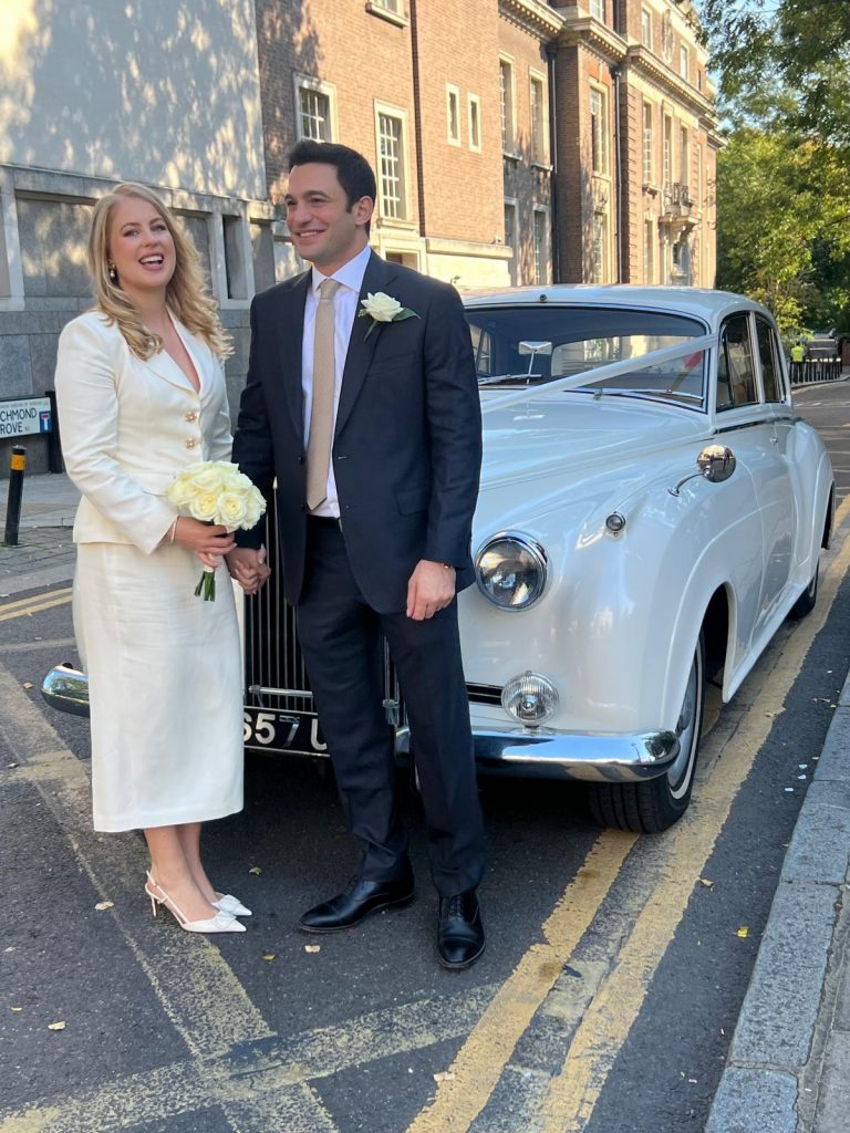 Modern luxury wedding car hire Islington London bride and groom