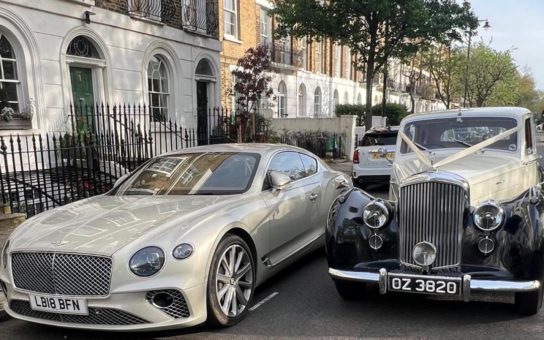 Vintage Bentley wedding car London bride arriving classic style