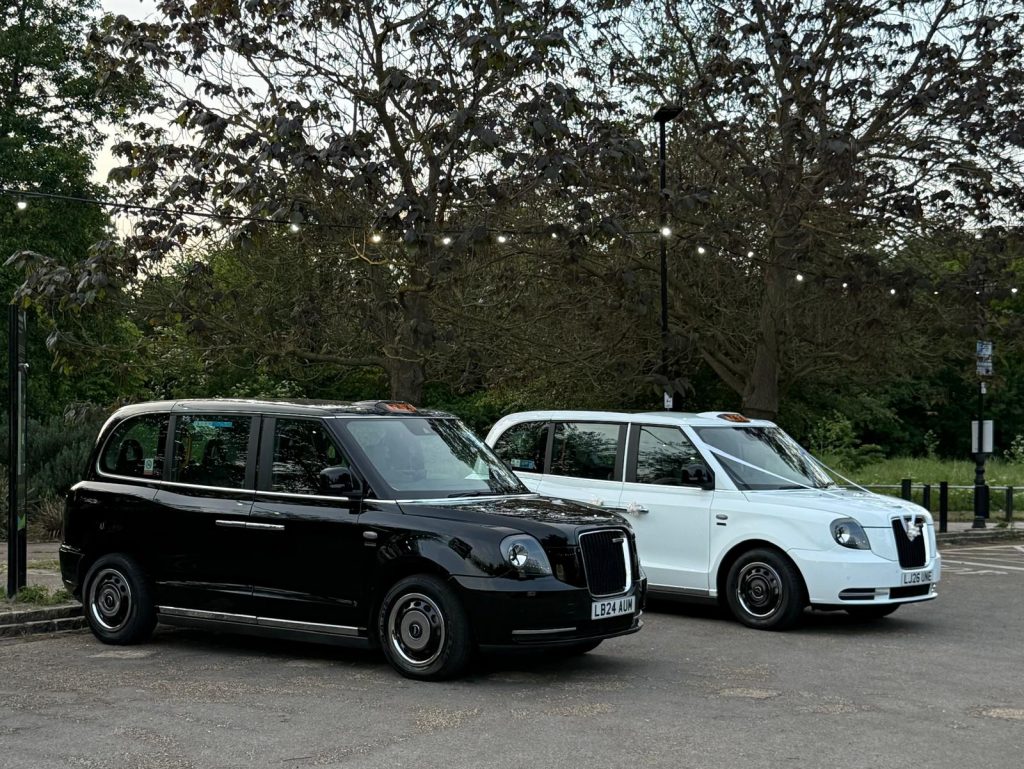 Classic Black Cab Wedding Car with bride and groom in London